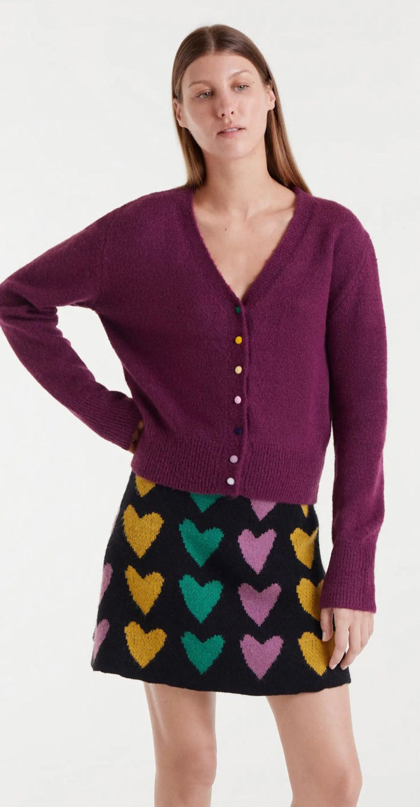 Cardigan de malha burgundy com detalhes aveludados