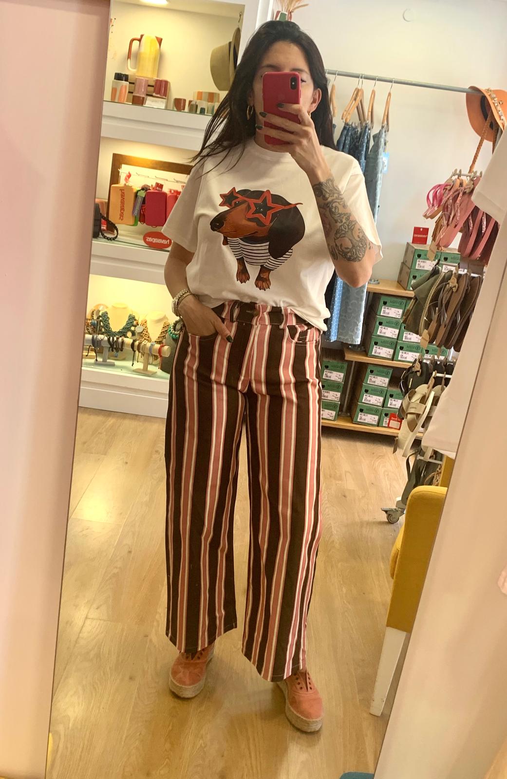 Calças às Riscas Castanho/Rosa