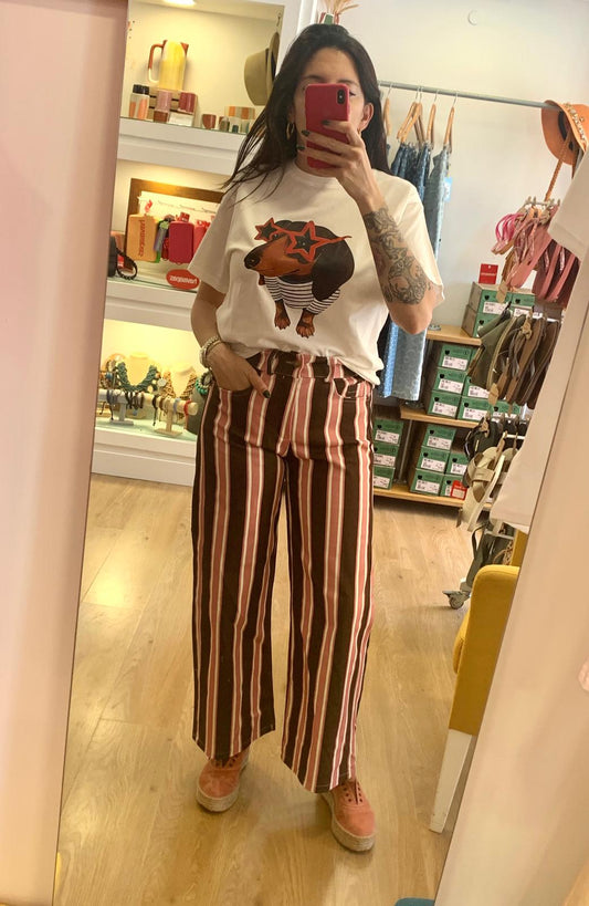 Calças às Riscas Castanho/Rosa