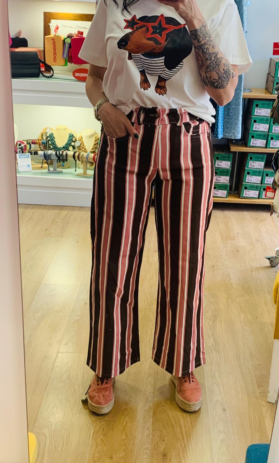 Calças às Riscas Castanho/Rosa